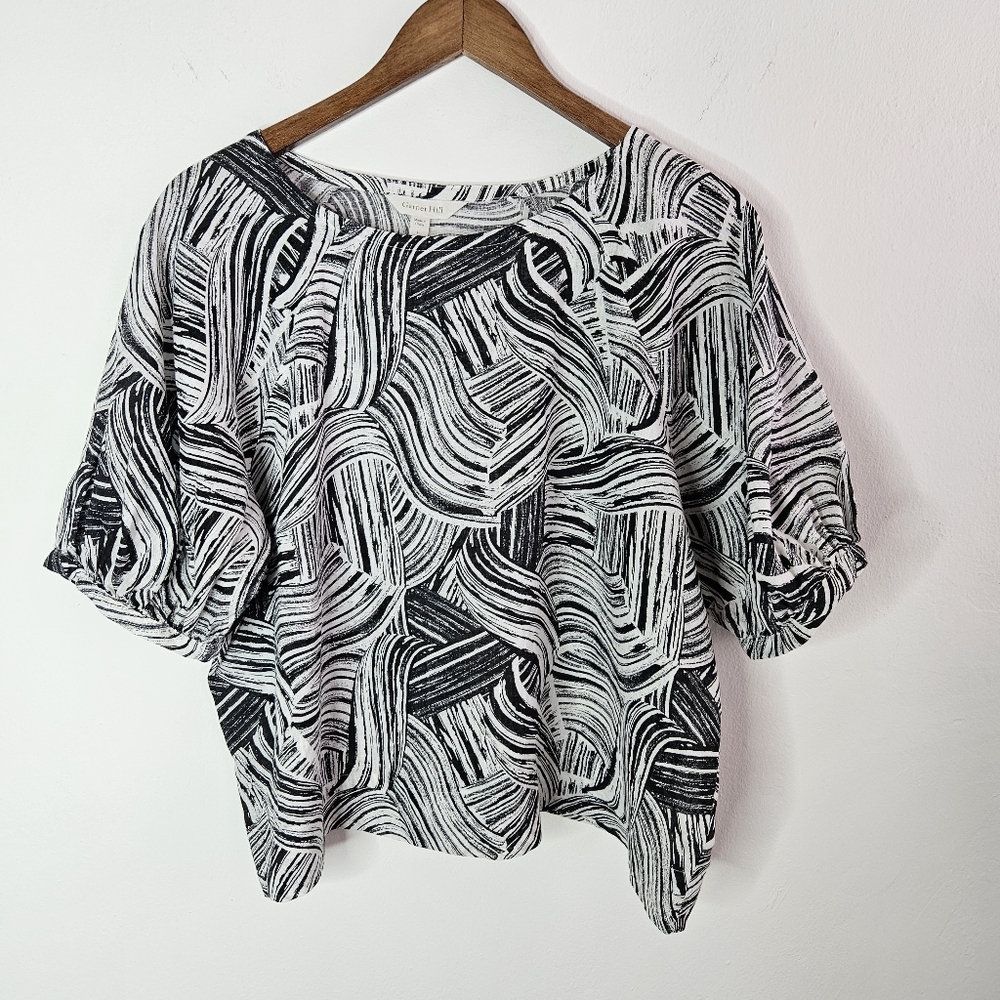 Garnet Hill Women's Puff Sleeve Linen Pullover Blouse Top Boxy Boat Neck Size L